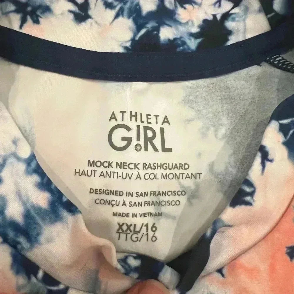 NWT new athleta girl mock neck rashgaurd swim top xxl 16 festival tie dye blue